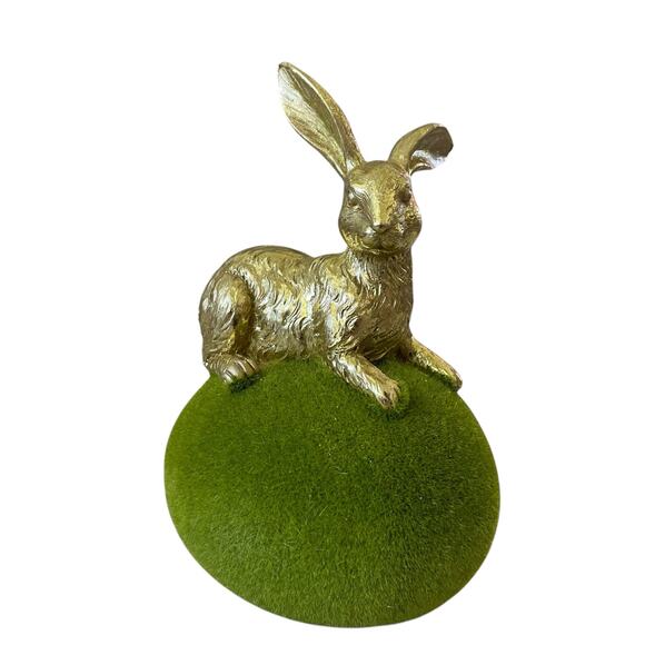 COTTONTAIL LANE Gold Foil Easter Bunny On Green Moss Flocked Egg Figurine New - Picture 2 of 10